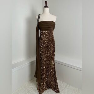 Badgley Mischka Caramel Sequin Evening Gown Hollywood GLAM